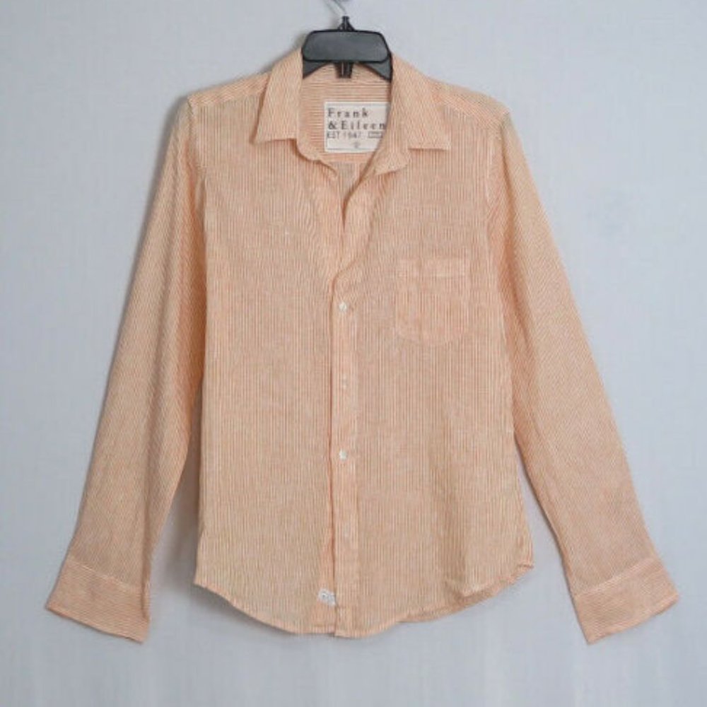 Frank & Eileen Orange White Striped Barry Linen Button Down Long Sleeve Shirt M